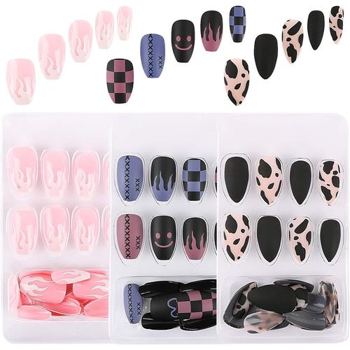 3 Boîtes 72pcs Faux Ongles Court Nail Ongle Couverture Complète Rose Bleu Noir Décoration Diy Accessoire De Manucure Pour Femme Fille Multicolore