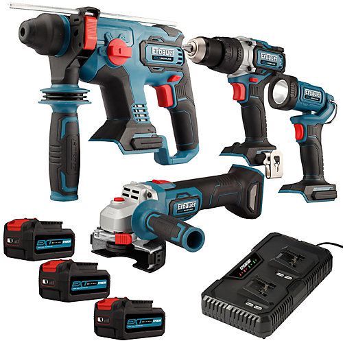 Lot de 4 outils électroportatifs Erbauer 18V (marteau perforateur  perceuse à percussion  meuleuse d'angle  lampe torche