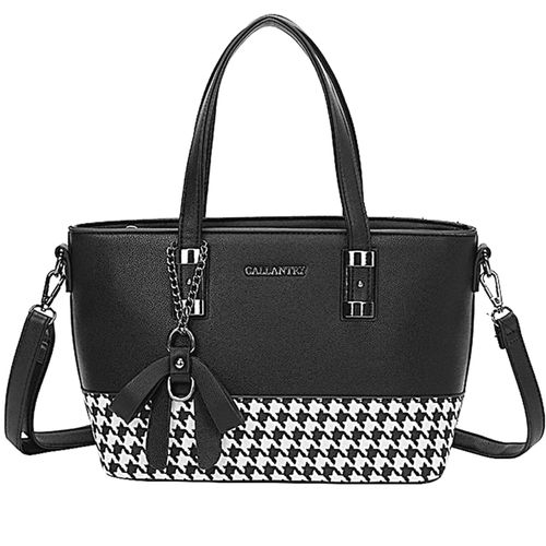 Sac Cabas pour Femme Motif Pied-de-poule avec N?ud et Bandoulière Amovible Gallantry Noir