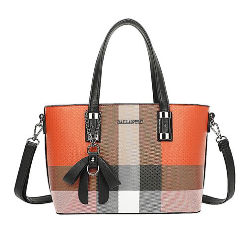 Sac Cabas pour Femme Édition Mini Jolie Motif Écossais avec Bandoulière Gallantry Noir / Orange