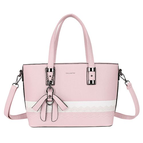 Sac Cabas pour Femme Motif Géométrique Perforé à Vagues avec N?ud et Bandoulière Gallantry Blanc / Rose