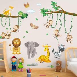 Sticker géant pour enfant - arbre, singes et éléphant - stickers