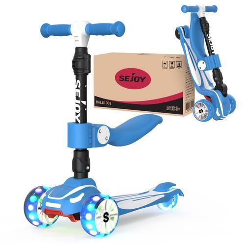 Sejoy 3 En 1 Trottinette Enfants 3 Roues Lumineux Avec Siège Pliant 2 À 8 Ans, Trottinette Pliante Siège Amovible Hauteur Réglable Cadeau Jouet - Bleu