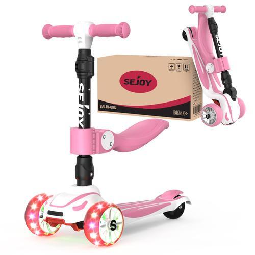 Sejoy 3 En 1 Trottinette Enfants 3 Roues Lumineux Avec Siège Pliant 2 À 8 Ans, Trottinette Pliante Siège Amovible Hauteur Réglable Cadeau Jouet - Rose