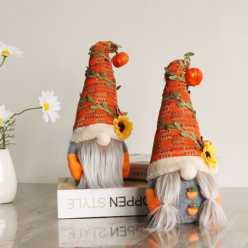 2pcs-Citrouille Tournesol Poupée sans visage Gnome Ornement Décoration de fenêtre Fête des moissons Figurine