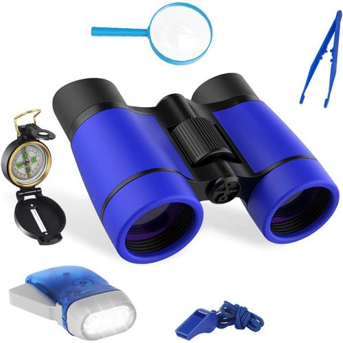KALANKA-Jumelles Enfant, Binoculars Enfant 6 en 1, Kit jumelle Enfant, Set Jumelles pour Enfants avec Boussole Loupe, Kit Exploration découverte en Plein air Cadeau Enfant Educatif de Camping et Rand