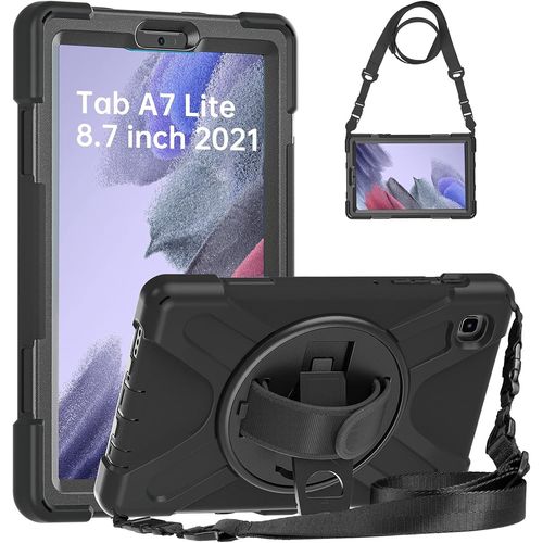 Eryi-Coque Antichoc Pour Samsung Galaxy Tab A7 Lite 8.7"" 2021, (Sm-T220/T225/T227), Étui Armure Robuste Avec Support Rotatif, Dragonne Et Bandoulière Réglable, Housse Pour Samsung Tab A7 Lite, Noir