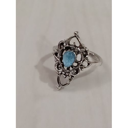 Bague Métal Argenté,Fleur,Strass Goutte Bleu ,Taille 16.88 Mm