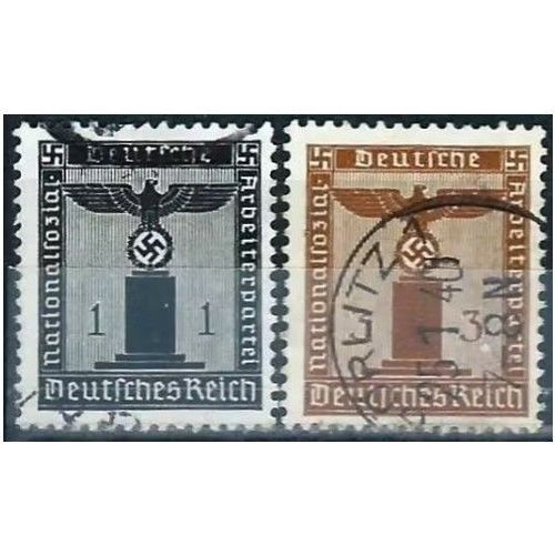 Allemagne, 3ème Reich 1938, Beaux Timbres De Service Yvert 105 Et 106, Grand Aigle Et Croix Gammée Sur Socle, 1pf. Noir Et 3pf. Brun, Filigrane Croix Gammées, Oblitérés, Tbe. -