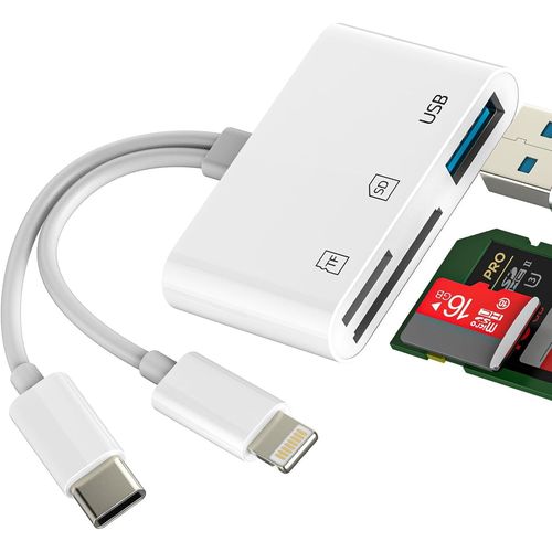 Lecteur de cartes USB C Lightning vers SD (3 en 2) USB OTG Câble 3.0 Adaptateur Micro SD TF Card Reader pour iPhone 16 15 14 13 Pro Max Type C Adapter pour Apple iPad Compatible avec Samsung Android