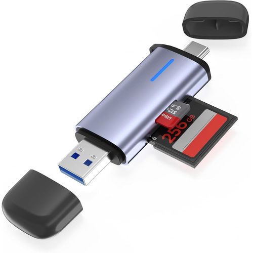 Lecteur de carte SD USB 3.0, 5 Gbit/s 2 en 1 Type-C et USB-A double fente lecteur de carte mémoire, lecture et écriture simultanées SD/Micro SD, compatible avec iPhone 16/15, MacBook, iPad, Android