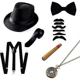 Kit d'accessoires de costume de gangster Gatsby Homme des années 1920 -  Chapeau Fedora des années 20, bretelles, montre de poche rétro, nœud  papillon, fausses barbes, pipe à tabac