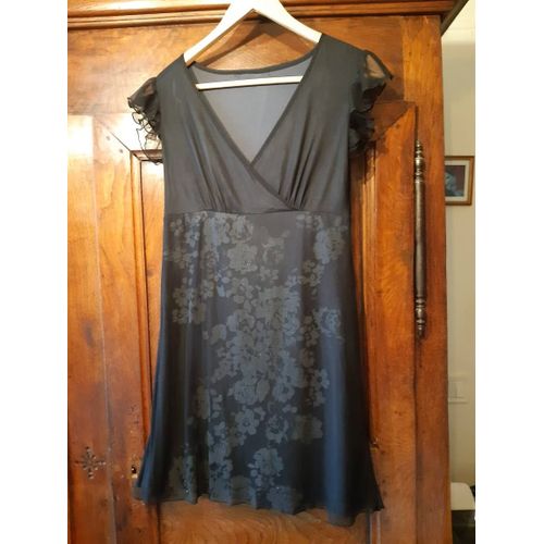 Robe Noire Effet Cache Coeur Et Motifs Fleurs