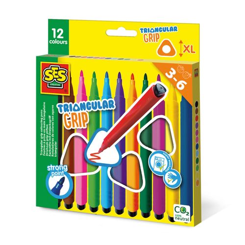 Ses Creative Feutres - Prise En Main Triangulaire, 12 Pièce(S), Multicolore, 3 An(S), Pointe Ogive, Crayon Feutre Orange ; Crayon Feutre Jaune ; Stylo Feutre Vert Clair ; Crayon Feutre Vert..., 160 Mm