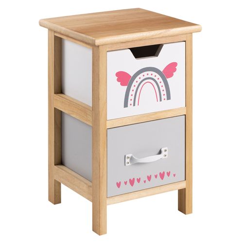Table De Chevet Enfant Esta Petite Commode En Bois De Paulownia Naturel, 2 Tiroirs Gris Et Blanc Aux Motifs Arc-En-Ciel