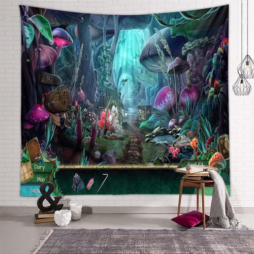 Tenture Murale Forêt Jardin, 150x130cm Tapisserie Hippie Psychédélique Tapisseries Murale Plantes Champignons, Tapestry Abstrait Décoration Tenture Couverture Pour Chambre Salon