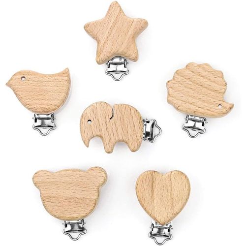 6pcs Kit Attache Tétine Bois Naturel,Pince Attache Tetine,Animal Sucette Clip Bébé, Materiel Attache Sucette En Bois Accroche Tetine Personnalisé Fille Garçon