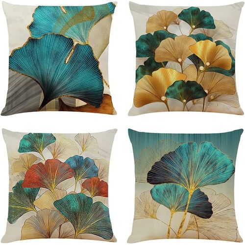 Modèle D'un Côté Housse De Coussin 45x45 Turquoise Et Or Taies D'oreiller En Lin Coussins De Canapé Décoratifs Lot De 4 Ginkgo Dorées Housses De Coussin Décoratives Moderne