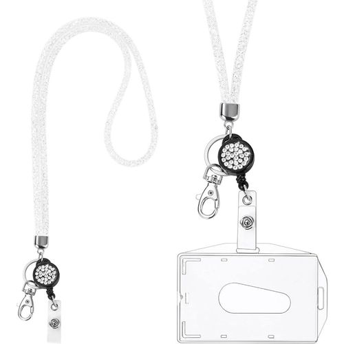Lanière Collier En Cristal, (Blanc Pur) Porte-Clés Bling Porte-Badges Transparent Avec Lanière En Cristal Rétractable Et Porte-Cartes D'identité,Pour Carte De Visite,Carte Bus