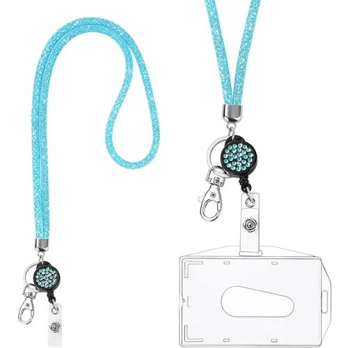 Lanière Collier En Cristal, (Bleu) Porte-Clés Bling Porte-Badges Transparent Avec Lanière En Cristal Rétractable Et Porte-Cartes D'identité,Pour Carte De Visite,Carte Bus