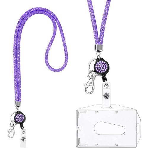 Lanière Collier En Cristal, (Violet) Porte-Clés Bling Porte-Badges Transparent Avec Lanière En Cristal Rétractable Et Porte-Cartes D'identité,Pour Carte De Visite,Carte Bus