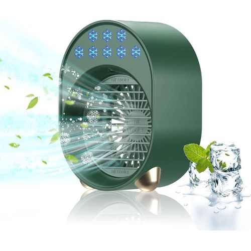 Vert Mini Climatiseur Portable, Climatiseur Mobile Sans Évacuation, Ventilateur Silencieux Chambre, Climatiseur Mobile Silencieux, Clim Portable Rechargeable USB Petit Humidificateur Air 3600mAh 4 en
