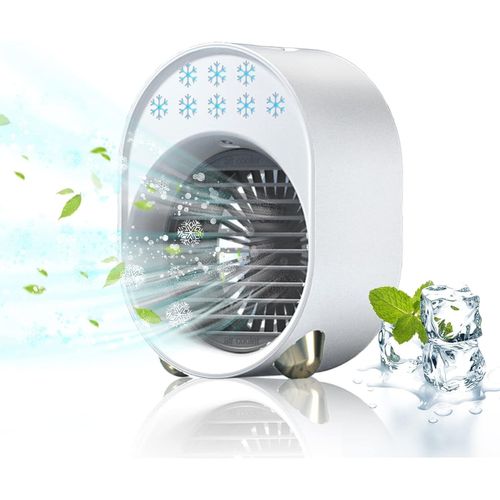 Blanc Mini Climatiseur Portable, Climatiseur Mobile Sans Évacuation, Ventilateur Silencieux Chambre, Climatiseur Mobile Silencieux, Clim Portable Rechargeable USB Petit Humidificateur Air 3600mAh 4 en