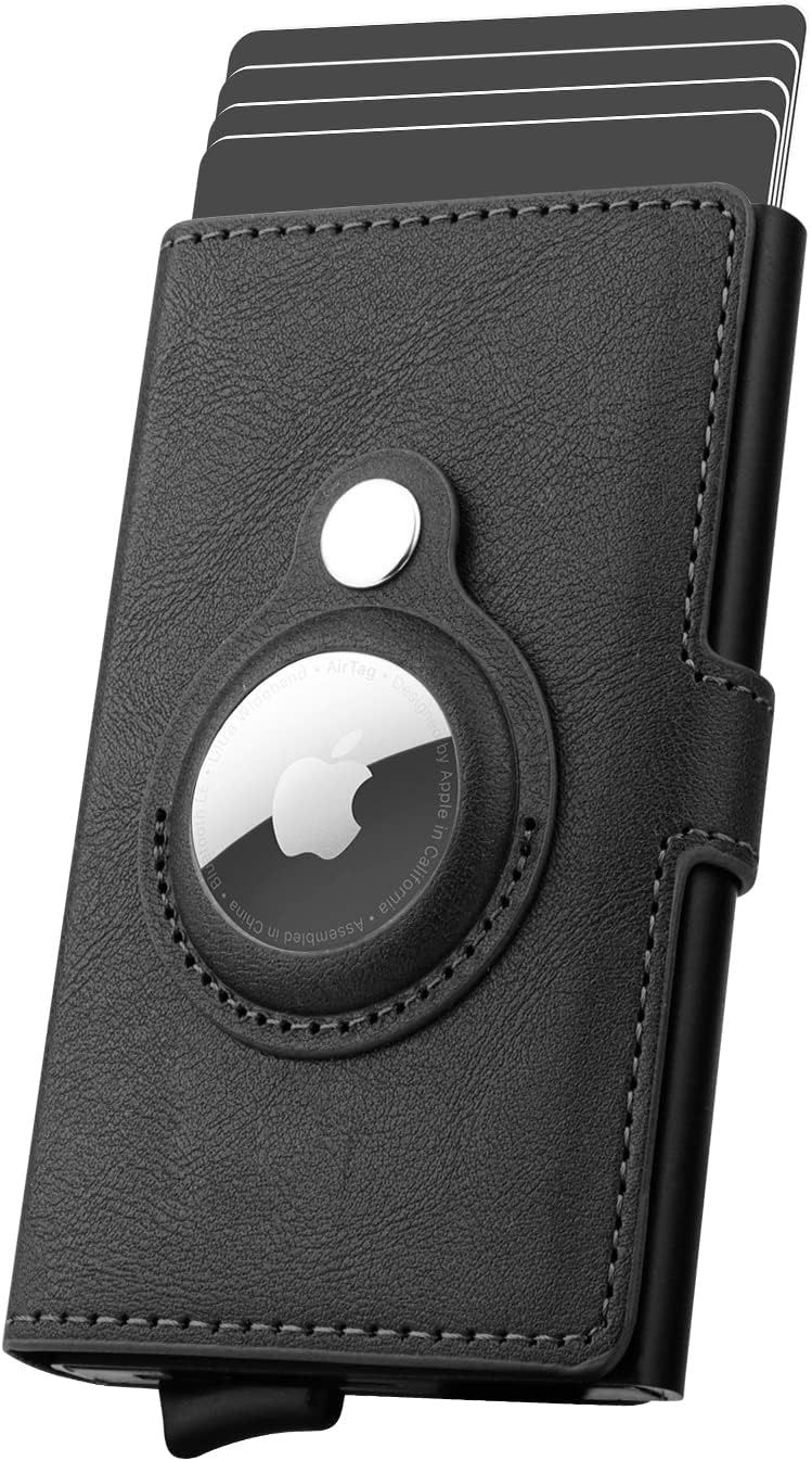 Porte-Cartes de crédit AirTag Wallet pour Hommes, Porte-Cartes en Cuir RFID bloquant Le boîtier de Carte bancaire en métal Pop Up Noir