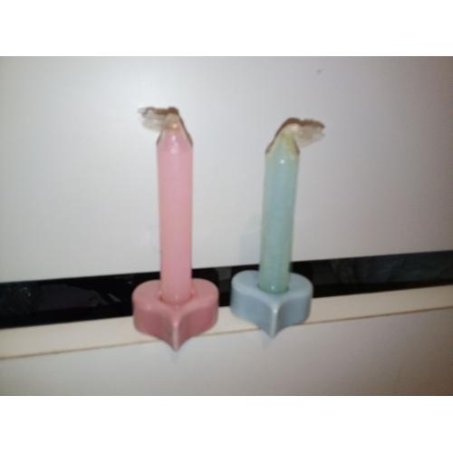 Lot De 2 Bougeoirs En Céramique Forme Coeur 1rose Et 1 Bleu , Avec Bougies