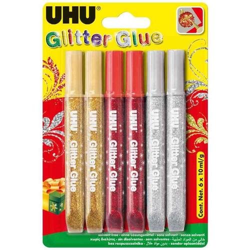 UHU Blister de 6 tubes de colle à paillettes Glitter Glue "Couleurs festives"