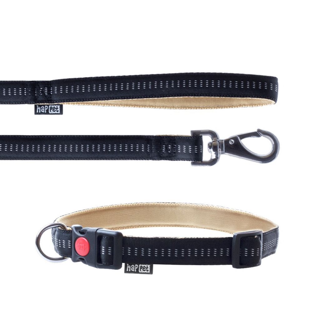 Laisse Et Collier Soft Style 2 Cm Taille L (33 À 53 Cm) X L. 120 Cm En Nylon Beige/Noir Pour Chien - Jb43 - Happet