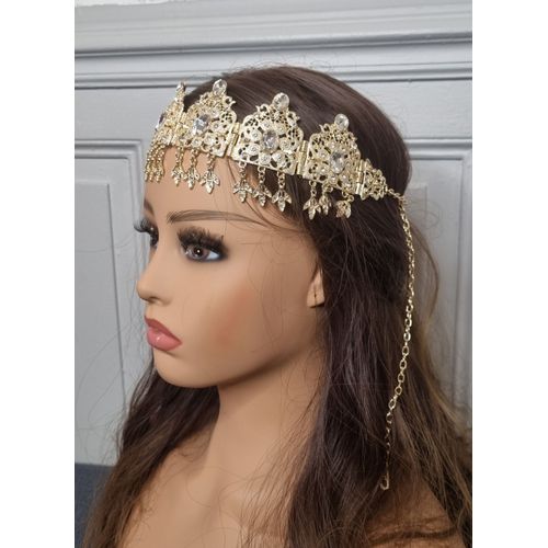 Couronne Frontal En Métal Doré Pierre Blanche Ou Pierre Bleu Diadème Oriental Kabyle Chaoui Berbère Mariage Melhfa Naïli
