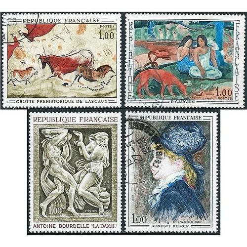 France 1968, Série Artistique, Beaux Exemplaires Yvert 1555 Grottes De Lascaux Et 1568 1569 1570 Oeuvres De Gauguin, Bourdelle Et Renoir, Obli. Tbe -