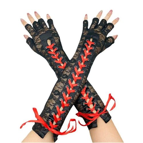 Gants Longs En Dentelle Pour Costume De Mariage, Gants Élastiques Demi-Doigts Rouges
