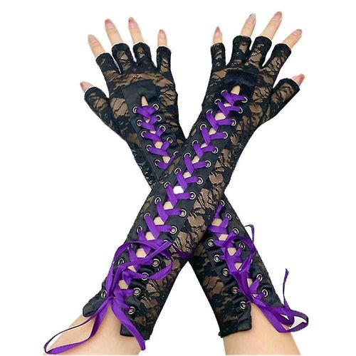 Gants Longs En Dentelle Pour Costume De Mariage, Demi-Doigt Élastique, Violet