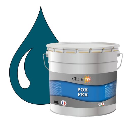 POK FER Bleu : Peinture de Finition Antirouille Laque Semi-Brillante Métaux Ferreux - 10L - RAL 5009 - Bleu Azur