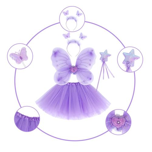 Deguisement De Clochette Fée Papillon - Ailes, Baguette, Serre-Tête Et Tutu - Déguisement Papillon Pour Enfants 3-8 Ans -Couleur Violet