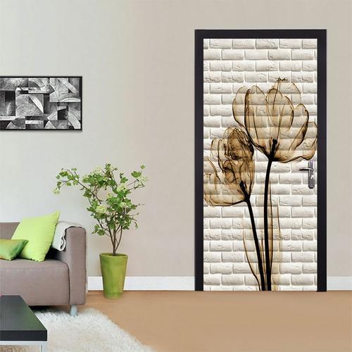 Hibiscus brick grain 95x215cm 3D Sticker de Porte cave à vin Photo Mural Trompe l'oeil Stickers Muraux PVC Imperméable Papier Peint pour Chambre Salle de Bain Cuisine Décoration Autocollants Porte