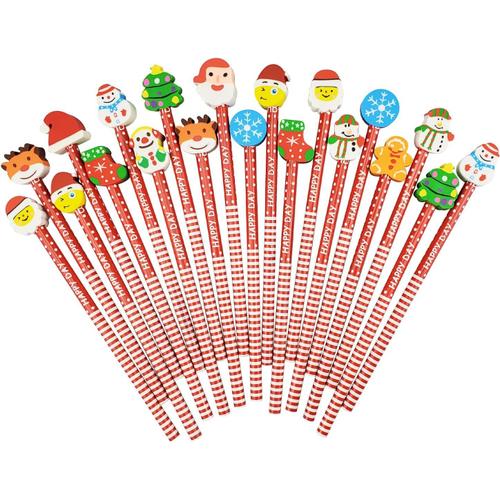 32 Pièces Cute Crayons De Bois Avec Des Caoutchoucs Pour Dessin Animés Pour Enfants Fêtes Crayons En Bois Arbre De Noël Père Bonhomme De Neige Cadeaux Anniversaire Communion Enfants