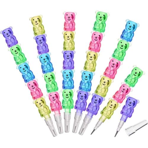 Lot De 6 Crayons De Couleur En Plastique Empilables Avec Motifs D'ours Pour Enfants - 5 En 1 - Peut Être Utilisé Pour Les Fêtes D'anniversaire, Les Fournitures Scolaires Et L'amusement