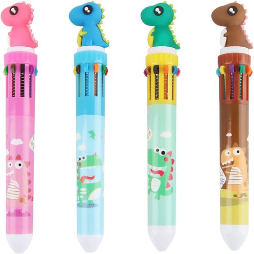 4 Stylos À Bille Rétractables Multicolores - Dinosaure, 10 Couleurs 0.5mm Stylos À Bille Multicolores Pour Fournitures Scolaires, Fournitures De Bureau, Cadeaux De Vacances, Cadeaux Pour Enfants