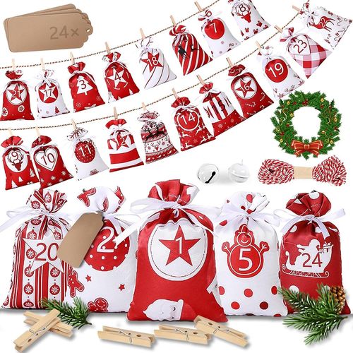 Calendrier de l'Avent Sac 24 Sac Calendrier De L'avent Sacs Cadeau De Noël avec Cordon Toile de Jute Pochettes Sacs Surprise Noël Sachets de Confiserie Rangement de Petits Objets Sac