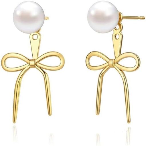 Kal-Boucles D'oreilles Femme N?ud Papillon Perle Or Plaqué Monture En Stud Argent 925 Poste Style Pendantes Élégant Pour Mariage Soirée Ou Quotidien Cadeau Chic Pour Elle Bijoux Accessoires