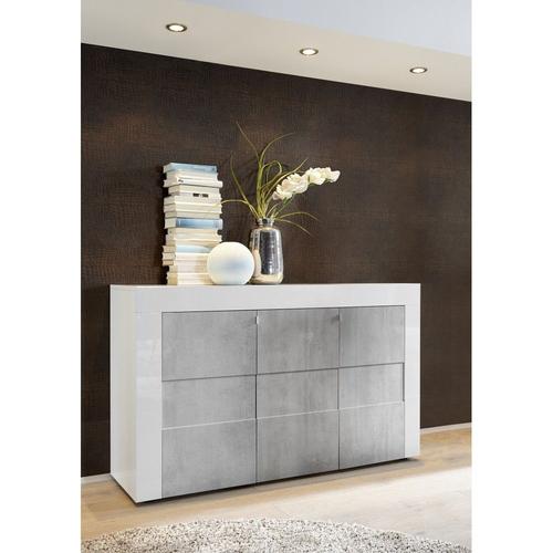 Buffet Haut 3 Portes, Collection Jet, Coloris Blanc Laqué Brillant Et Gris Aspect Béton