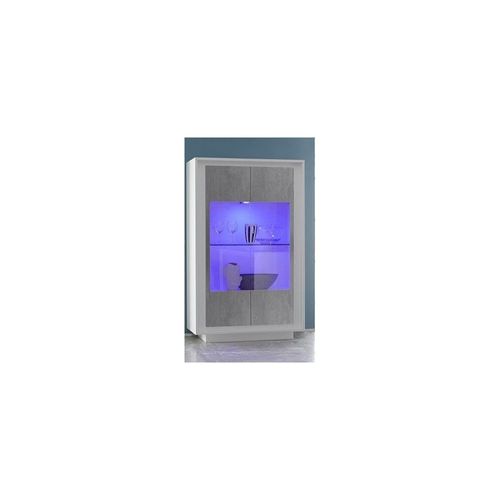 Vitrine 2 Portes, Collection Fall, Coloris Blanc Mat Laqué Et Gris Aspect Béton
