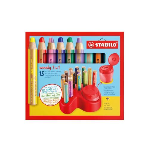 15 Crayons De Couleur - Stabilo Woody 3 En 1 - Taille-Crayon + Pot De Rangement