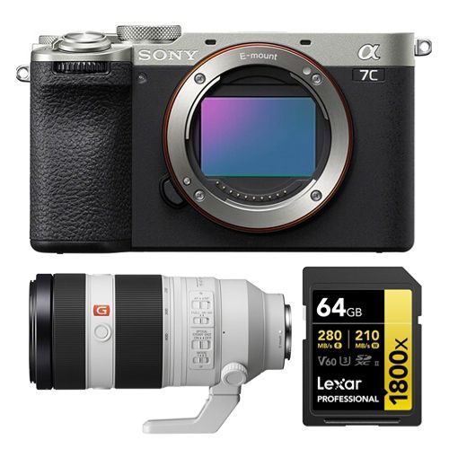 Sony Alpha A7C II Corps Argent + Sony FE 100-400 mm f4.5-5.6 GM OSS + Lexar 64 Go Carte mémoire SDXC professionnelle 1800x UHS-II