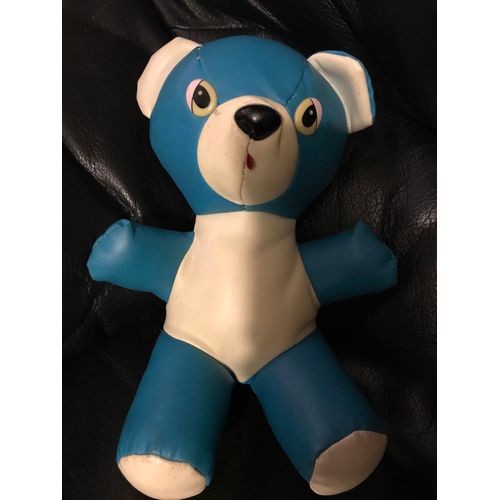 Ancienne Peluche Doudou Ours Bleu Et Blanc Simili Cuir Vintage Année 60-70 22cm