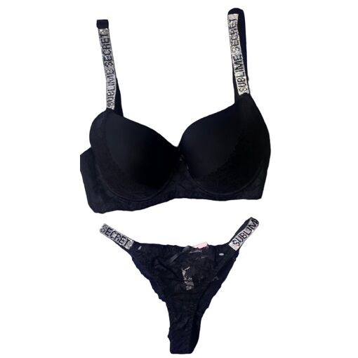Soutien-gorge Push-up Noir Esprit EDC - Taille 95B, Dentelle, Motifs Cupidon, Chaîne Argentée, Occasion