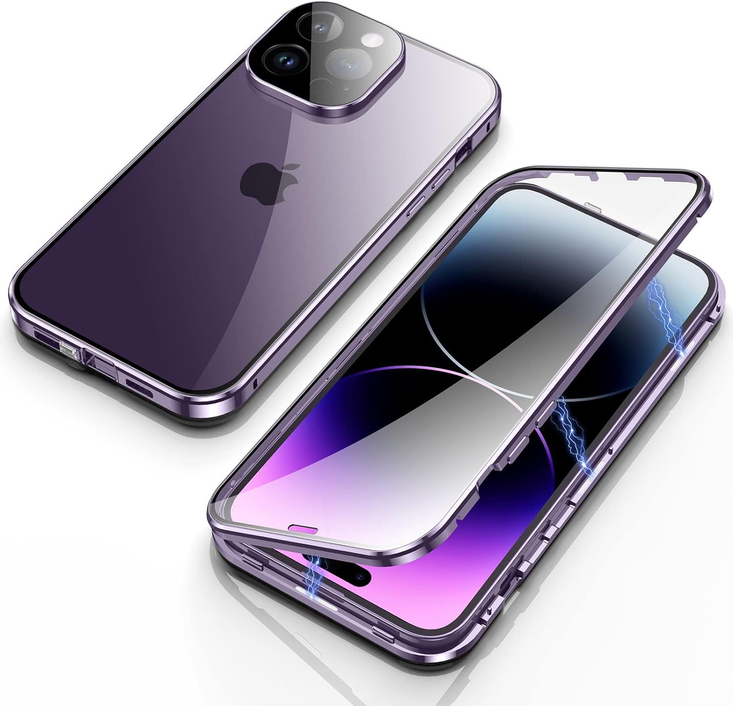 Coque Pour Iphone 14 Pro 6.1 D'adsorption Magnétique Parechocs En Métal Avec 360 Degrés Protection Case Double C Tés Transparent Verre Trempé Etui Housse Pour Iphone 14 Pro Violet